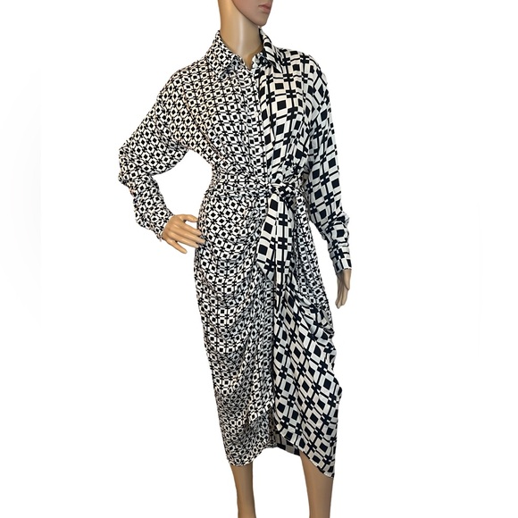 Steve Madden Size 4 Sula Black White Geometric Print Long Sleeve Midi (0447) - Picture 2 of 13